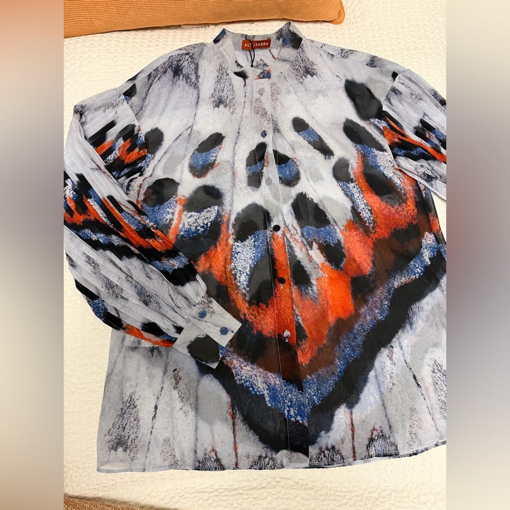 ALTUZARRA! Abstract Patterned Button-Up  chiffon Shirt with blouson sleeves